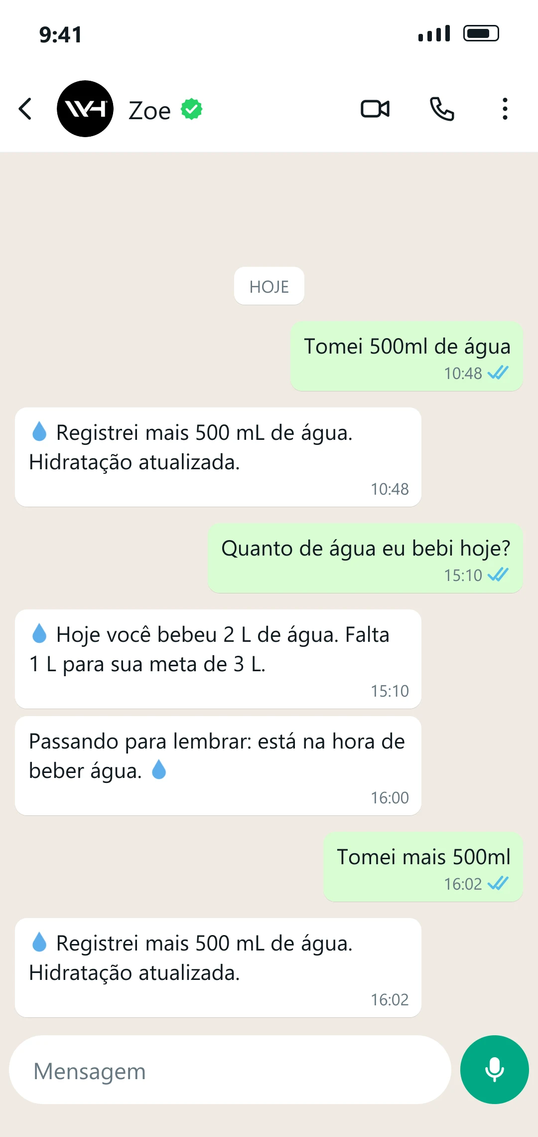 Exemplo de conversa com a Zoe: Água