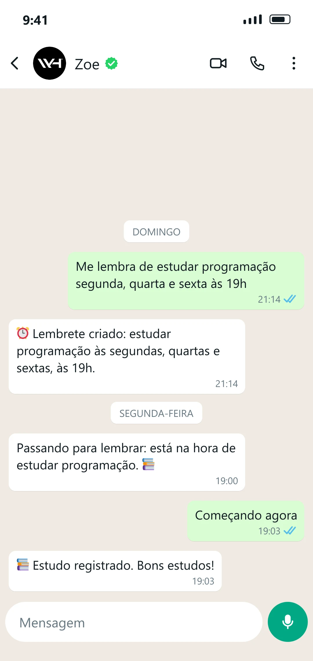 Exemplo de conversa com a Zoe: Lembrete