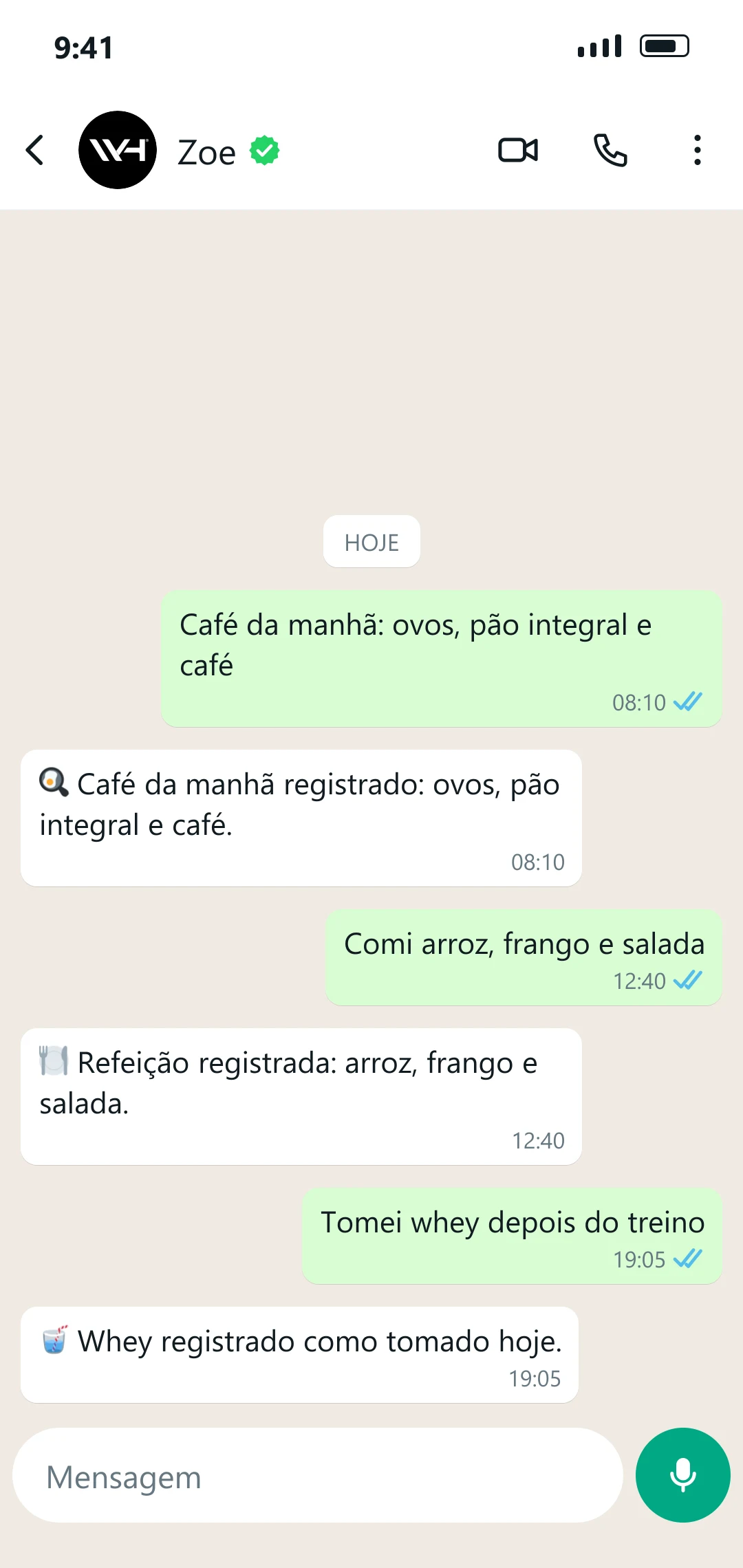 Exemplo de conversa com a Zoe: Refeição