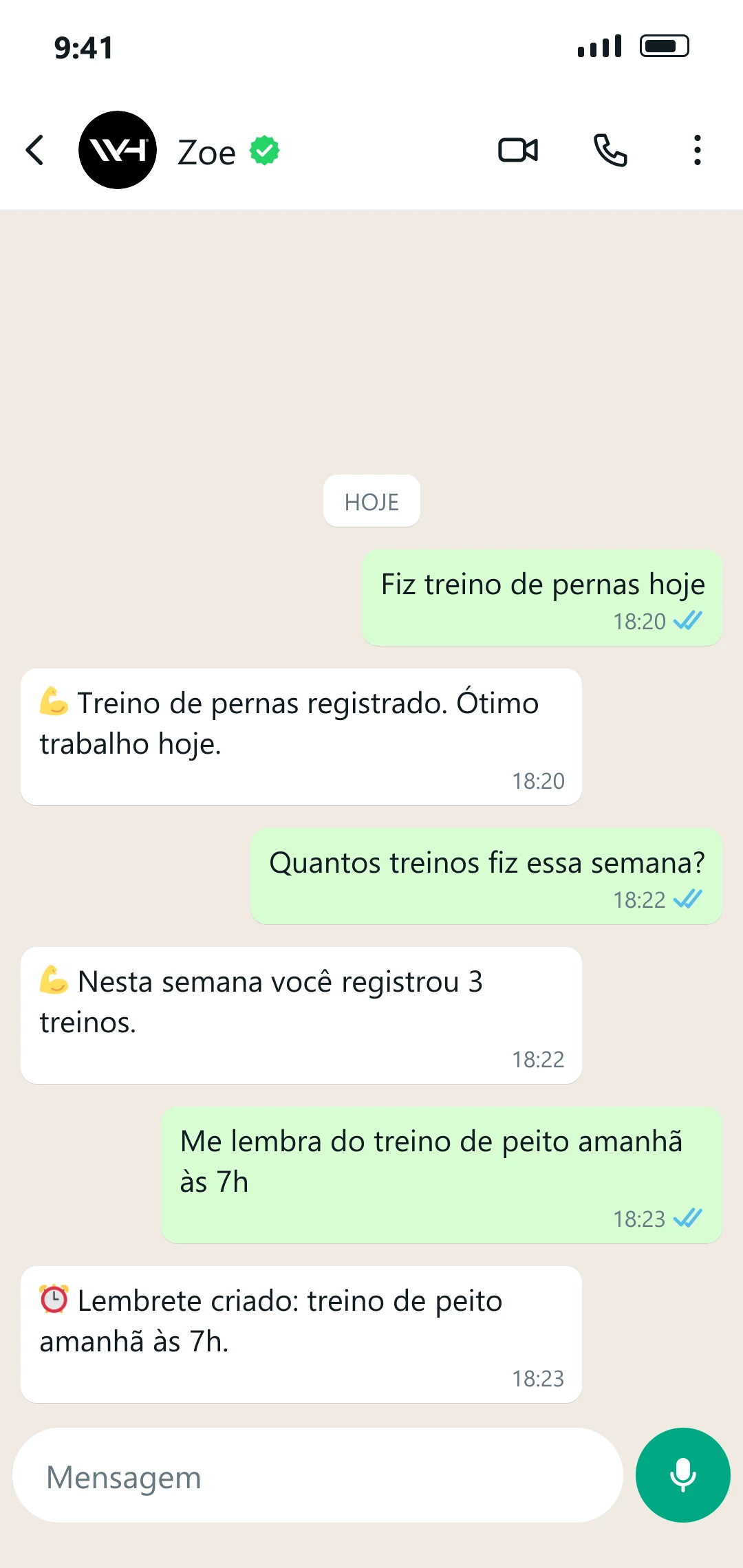 Exemplo de conversa com a Zoe: Treino