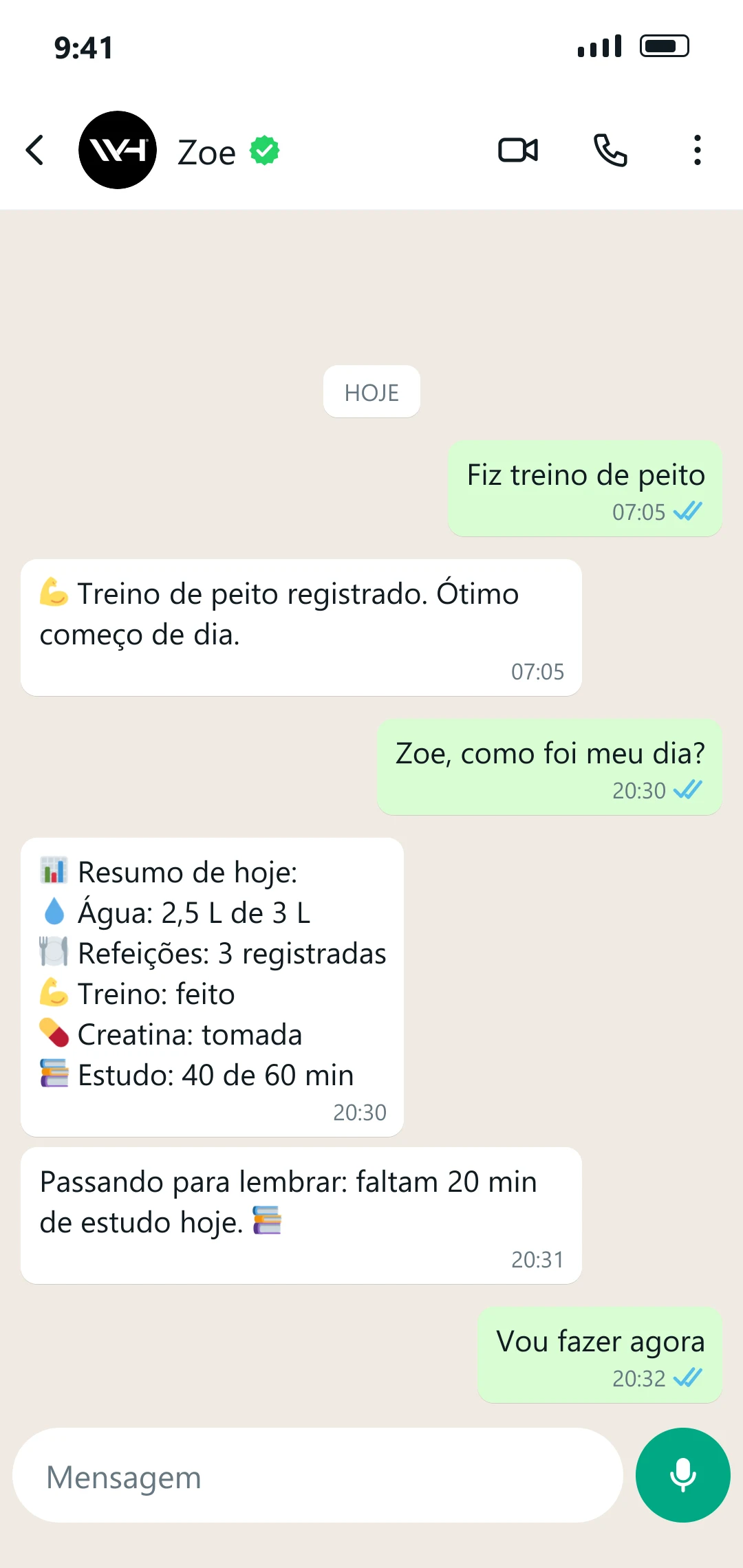 Print real de uma conversa com a Zoe no WhatsApp